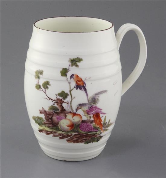 A large Derby barrel-shaped cider mug, c.1760-5. h. 15cm, shallow rim chip